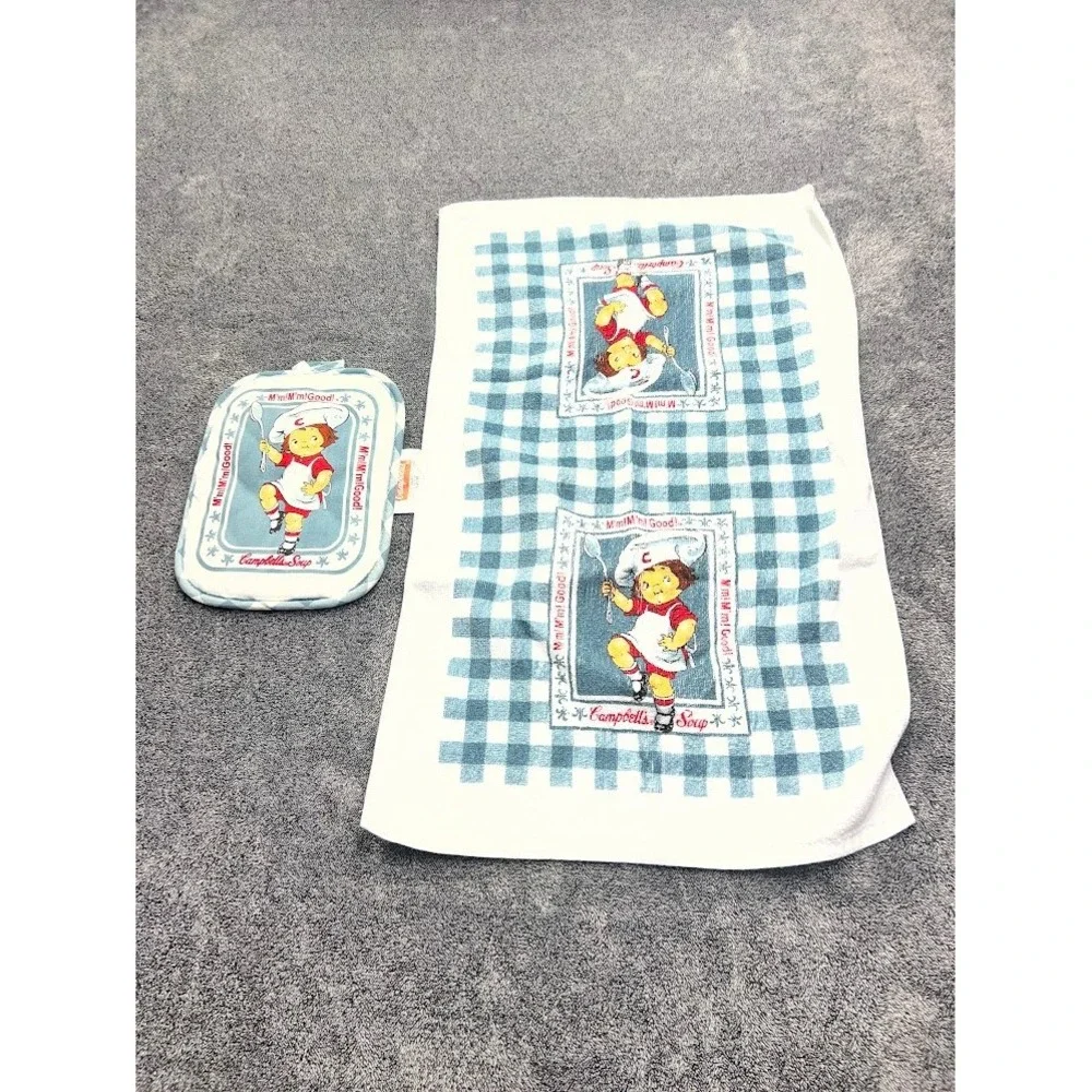 Vintage 1999 Campbells Soup Kids Pot Holder and Kitchen Towel Set Blue Gingham